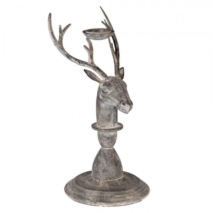 Vintage-Metall-Kerzenständer Hirschkopf Antikgrau 17x14x30 cm für Stabkerzen von Clayre & Eef (6Y5839)