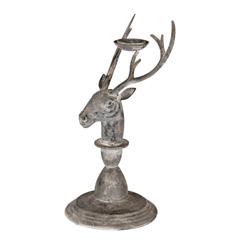 Vintage-Metall-Kerzenständer Hirschkopf Antikgrau 17x14x30 cm für Stabkerzen von Clayre & Eef (6Y5839)
