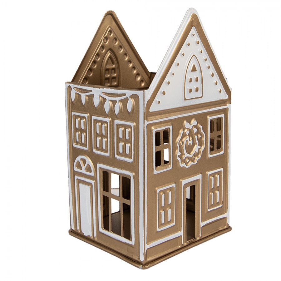 Clayre & Eef Teelichthalter Grosses Metall Lichthaus Champagnergold Weihnachtskranz Icing Relief 12x11x22 cm (6Y5920)