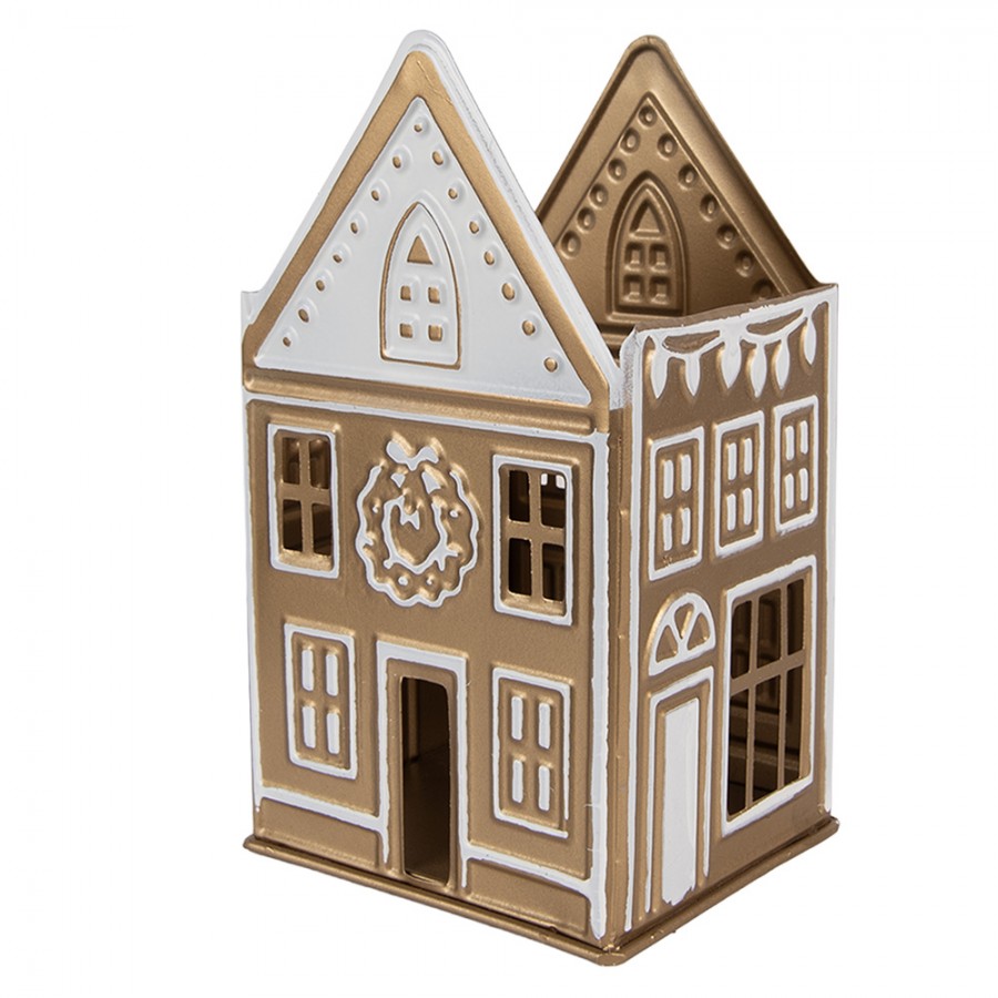 Clayre & Eef Teelichthalter Grosses Metall Lichthaus Champagnergold Weihnachtskranz Icing Relief 12x11x22 cm (6Y5920)