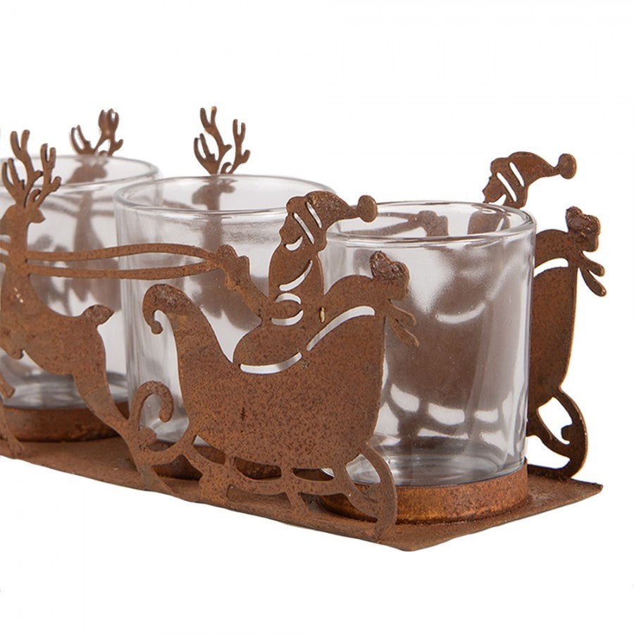 Clayre & Eef Teelichthalter Adventskranz Teelichtleiste 4-flammig Santa Rentierschlitten Rostoptik 4 Gläser 25x8x8 cm (6Y5937)