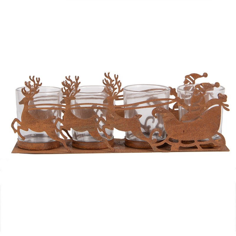 Clayre & Eef Teelichthalter Adventskranz Teelichtleiste 4-flammig Santa Rentierschlitten Rostoptik 4 Gläser 25x8x8 cm (6Y5937)
