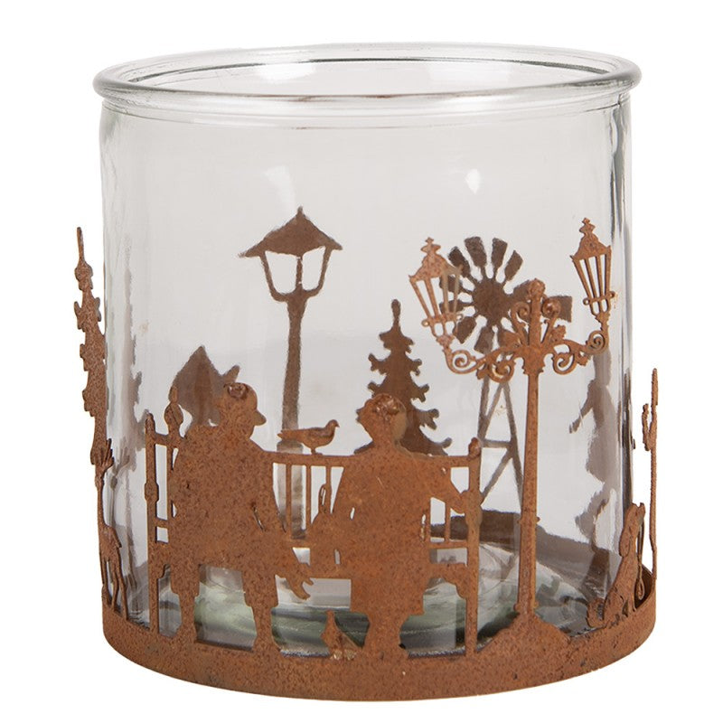 Clayre & Eef Teelichthalter Windlicht Rostoptik Metall Scherenschnitt Parkszene mit Glaeseinsatz Ø 15x15 cm (6Y5938)