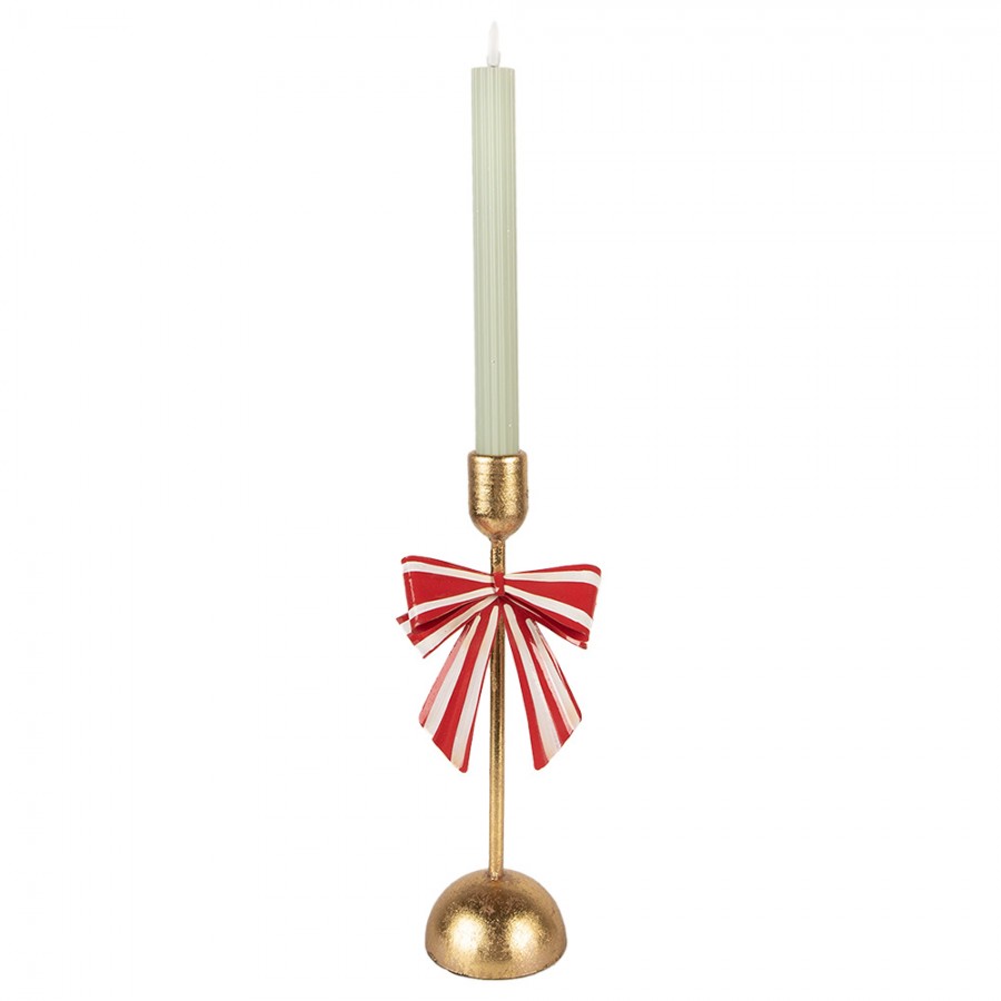 Metall-Kerzenständer mit rot-weißer Schleife Goldfarben 11x9x28 cm für Stabkerzen von Clayre & Eef (6Y5941)