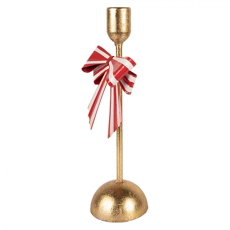 Metall-Kerzenständer mit rot-weißer Schleife Goldfarben 11x9x28 cm für Stabkerzen von Clayre & Eef (6Y5941)