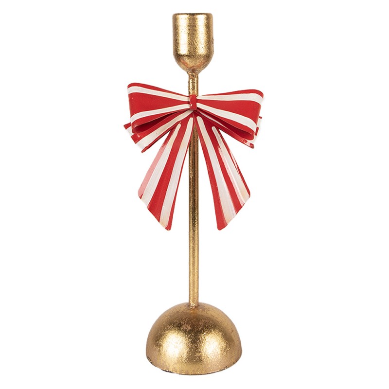 Metall-Kerzenständer mit rot-weißer Schleife Goldfarben 11x9x28 cm für Stabkerzen von Clayre & Eef (6Y5941)