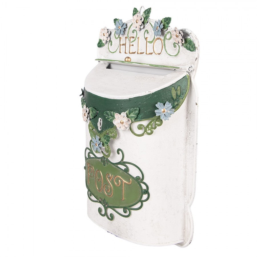 Landhaus-Wandbriefkasten HELLO POST mit 3D-Blüten Weiß-Grün Metall 27x10x42 cm von Clayre & Eef (6Y6000)