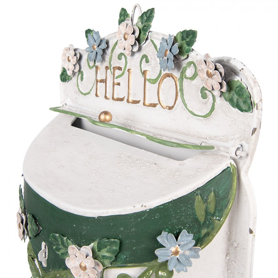 Landhaus-Wandbriefkasten HELLO POST mit 3D-Blüten Weiß-Grün Metall 27x10x42 cm von Clayre & Eef (6Y6000)