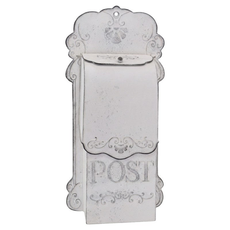 Antiker Shabby-Chic-Wandbriefkasten POST mit Muschelkrone Weiß-Grau Metall 23x10x50 cm von Clayre & Eef (6Y6035)