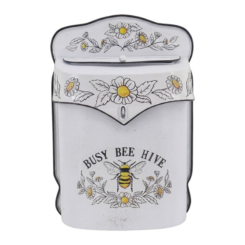 Landhaus-Wandbriefkasten BUSY BEE HIVE mit Biene & Blumen Weiß-Gelb Metall 24x10x35 cm von Clayre & Eef (6Y6036)