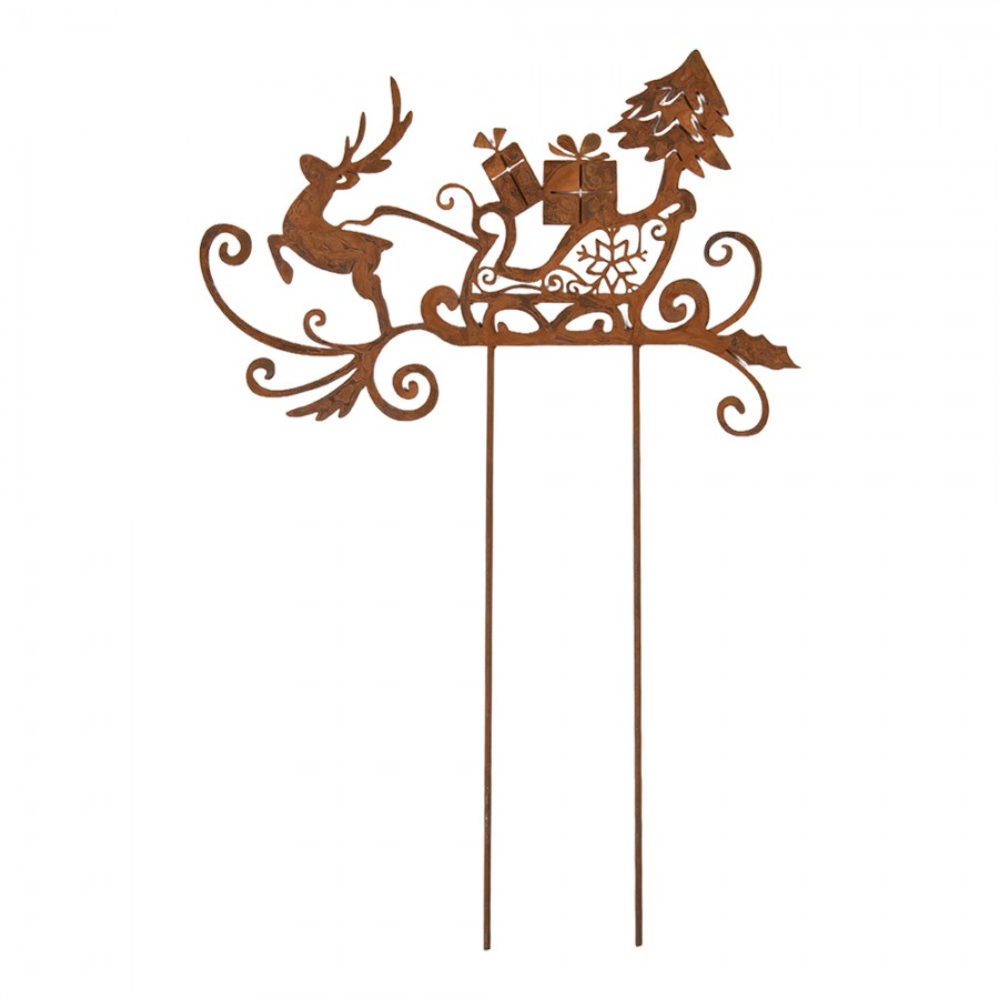 Edelrost-Gartenstecker Weihnachtsschlitten mit Rentier Braun Metall 19x1x45 cm von Clayre & Eef (6Y6095)