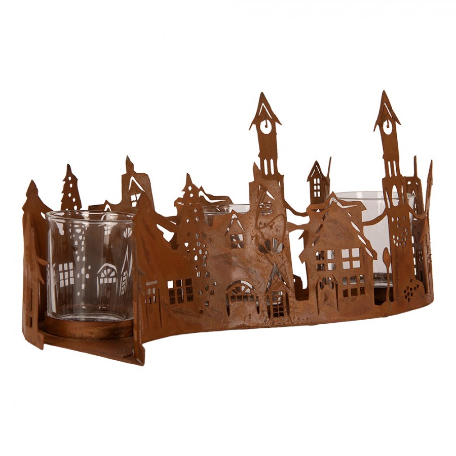 Clayre & Eef Teelichthalter Windlicht 3er Leiste Edelrost Haeuserzeile Kirchtuerme mit 3 Glaesern 27x12x12 cm (6Y6096)