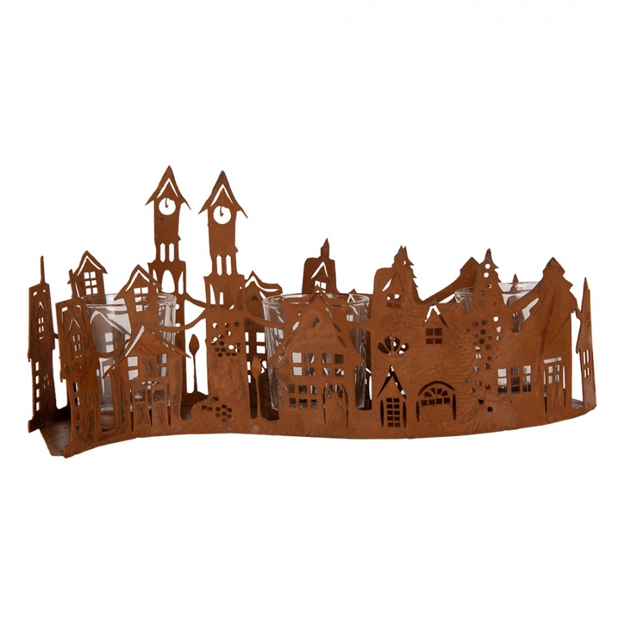 Clayre & Eef Teelichthalter Windlicht 3er Leiste Edelrost Haeuserzeile Kirchtuerme mit 3 Glaesern 27x12x12 cm (6Y6096)