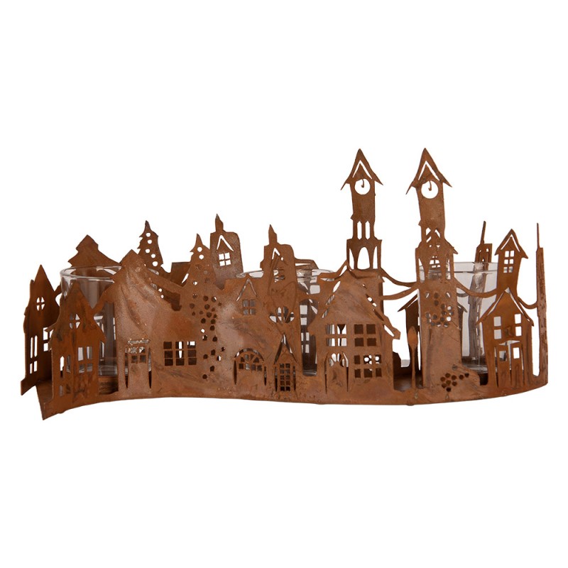 Clayre & Eef Teelichthalter Windlicht 3er Leiste Edelrost Haeuserzeile Kirchtuerme mit 3 Glaesern 27x12x12 cm (6Y6096)