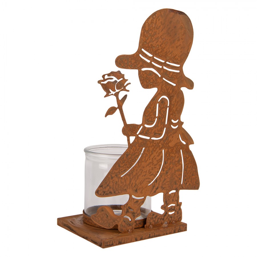 Clayre & Eef Teelichthalter Silhouette Maedchen mit Rose Sonnenhut Rostoptik Glaszylinder 18x13x31 cm (6Y6097)