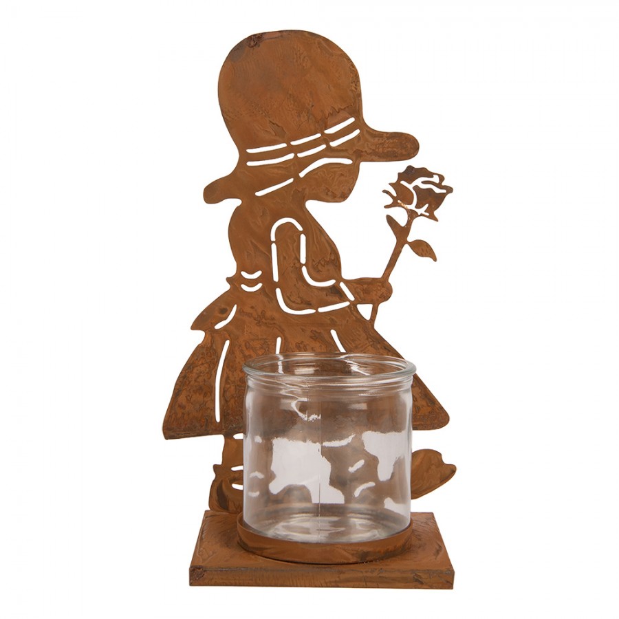 Clayre & Eef Teelichthalter Silhouette Maedchen mit Rose Sonnenhut Rostoptik Glaszylinder 18x13x31 cm (6Y6097)