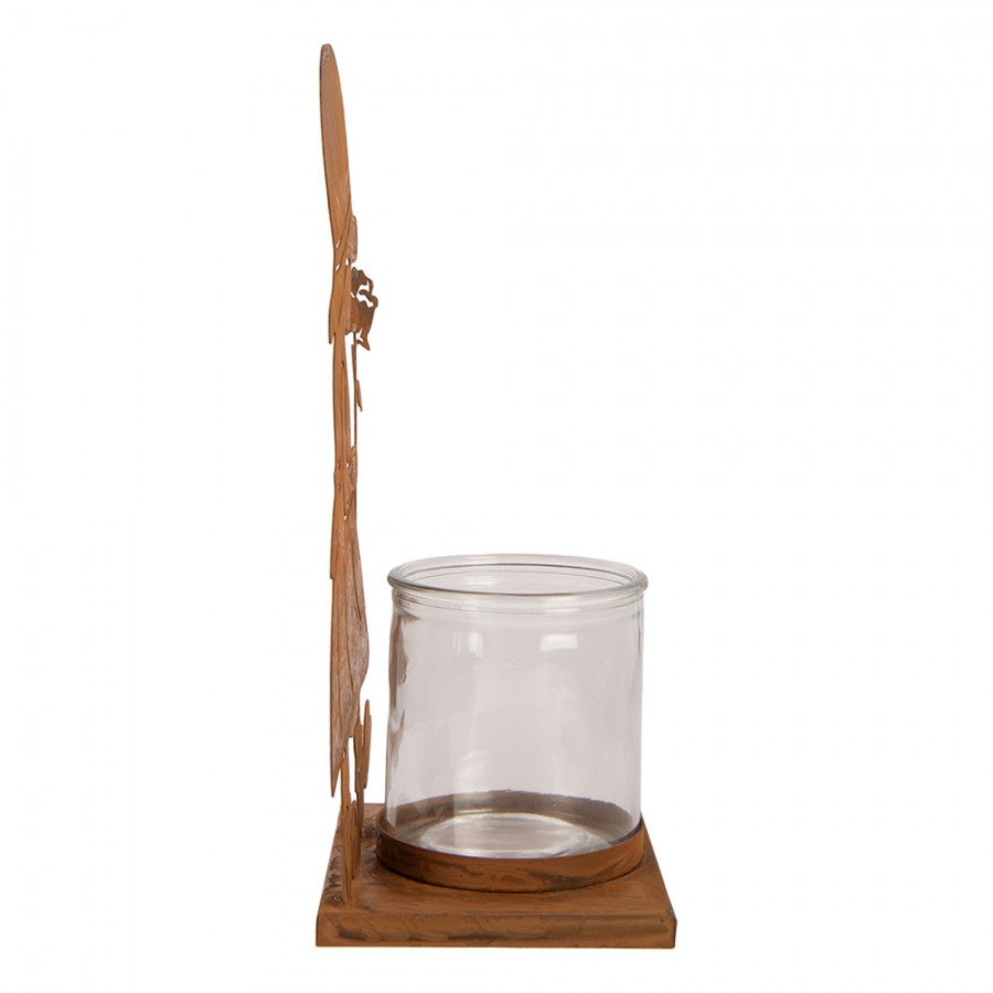 Clayre & Eef Teelichthalter Silhouette Maedchen mit Rose Sonnenhut Rostoptik Glaszylinder 18x13x31 cm (6Y6097)