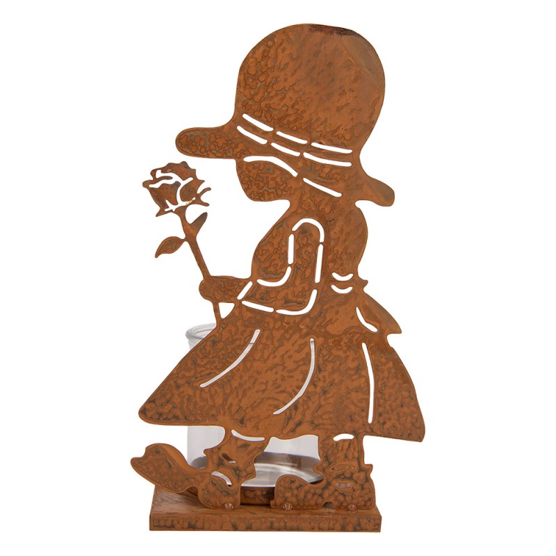 Clayre & Eef Teelichthalter Silhouette Maedchen mit Rose Sonnenhut Rostoptik Glaszylinder 18x13x31 cm (6Y6097)
