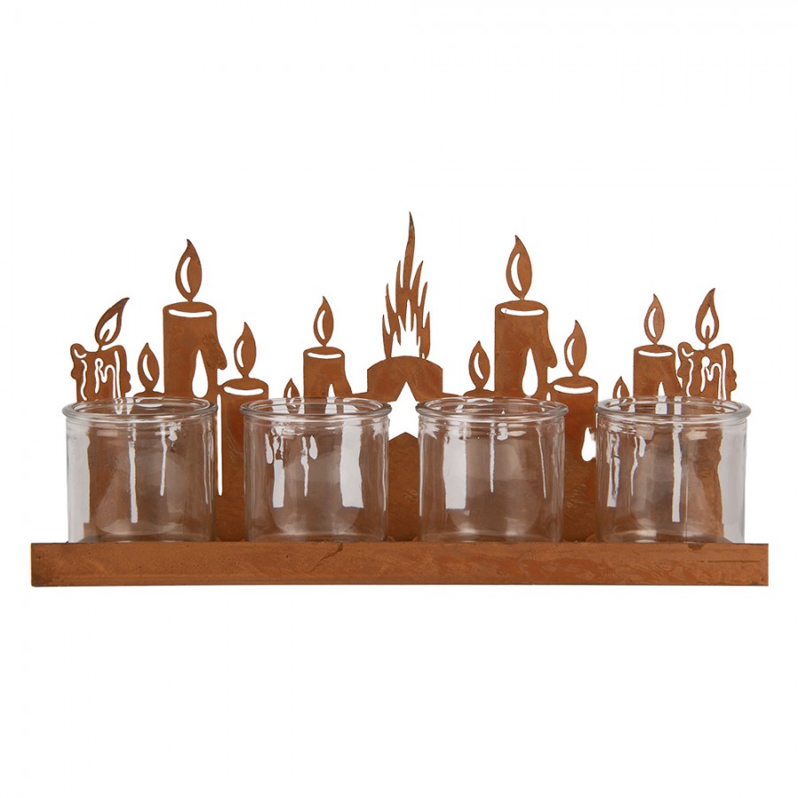 Clayre & Eef Teelichthalter Adventsleiste 4-flammig Brennende Kerzen Silhouette Stern Rostoptik 36x9x18 cm (6Y6098)