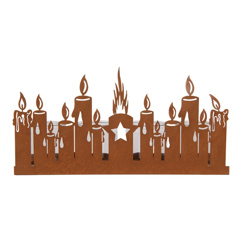 Clayre & Eef Teelichthalter Adventsleiste 4-flammig Brennende Kerzen Silhouette Stern Rostoptik 36x9x18 cm (6Y6098)