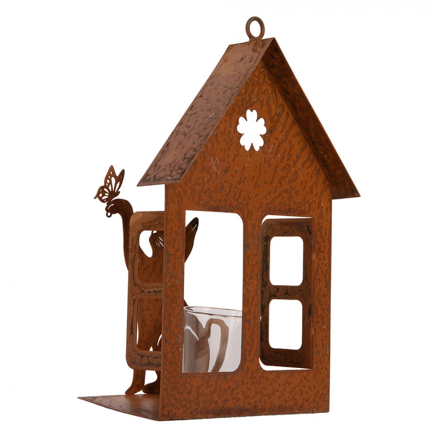 Clayre & Eef Teelichthalter Lichthaus Laterne Rostoptik Katze Schmetterling Glaseinsatz 15x8x24 cm (6Y6104)