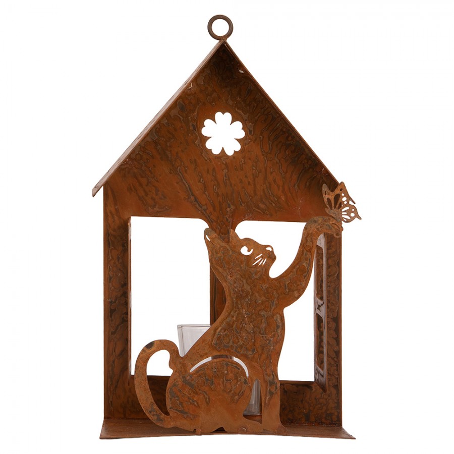 Clayre & Eef Teelichthalter Lichthaus Laterne Rostoptik Katze Schmetterling Glaseinsatz 15x8x24 cm (6Y6104)