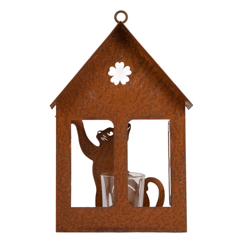 Clayre & Eef Teelichthalter Lichthaus Laterne Rostoptik Katze Schmetterling Glaseinsatz 15x8x24 cm (6Y6104)