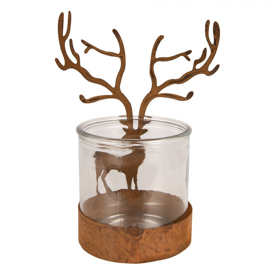 Clayre & Eef Teelichthalter Hirsch Astgeweih Metall Rost Glaseinsatz Ø 10x20 cm (6Y6108)