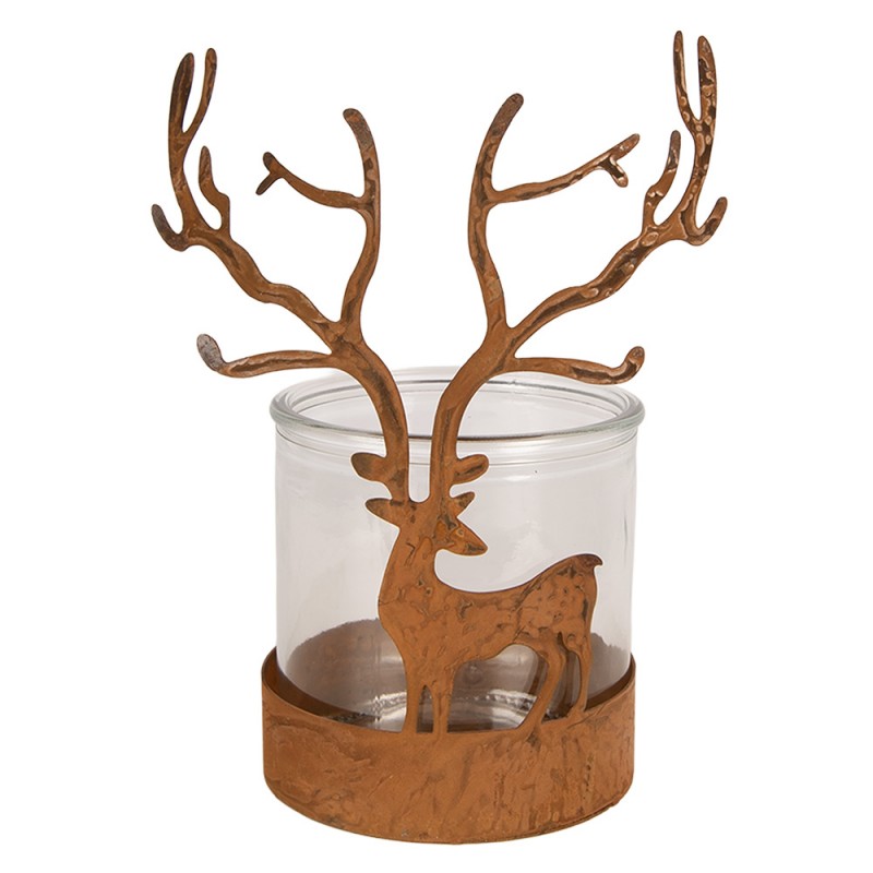 Clayre & Eef Teelichthalter Hirsch Astgeweih Metall Rost Glaseinsatz Ø 10x20 cm (6Y6108)