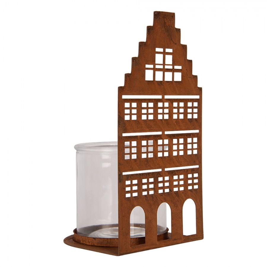 Clayre & Eef Teelichthalter XL Grachtenhaus Stufengiebel Metall Rost Glaseinsatz 12x12x24 cm (6Y6123)