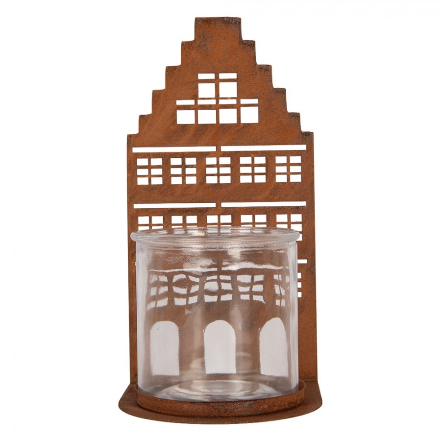 Clayre & Eef Teelichthalter XL Grachtenhaus Stufengiebel Metall Rost Glaseinsatz 12x12x24 cm (6Y6123)