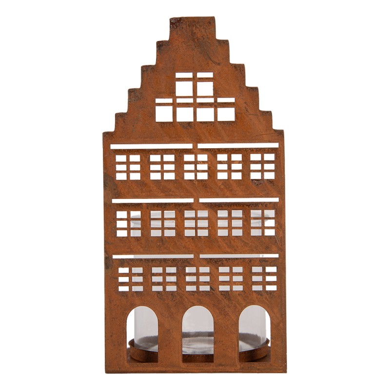 Clayre & Eef Teelichthalter XL Grachtenhaus Stufengiebel Metall Rost Glaseinsatz 12x12x24 cm (6Y6123)