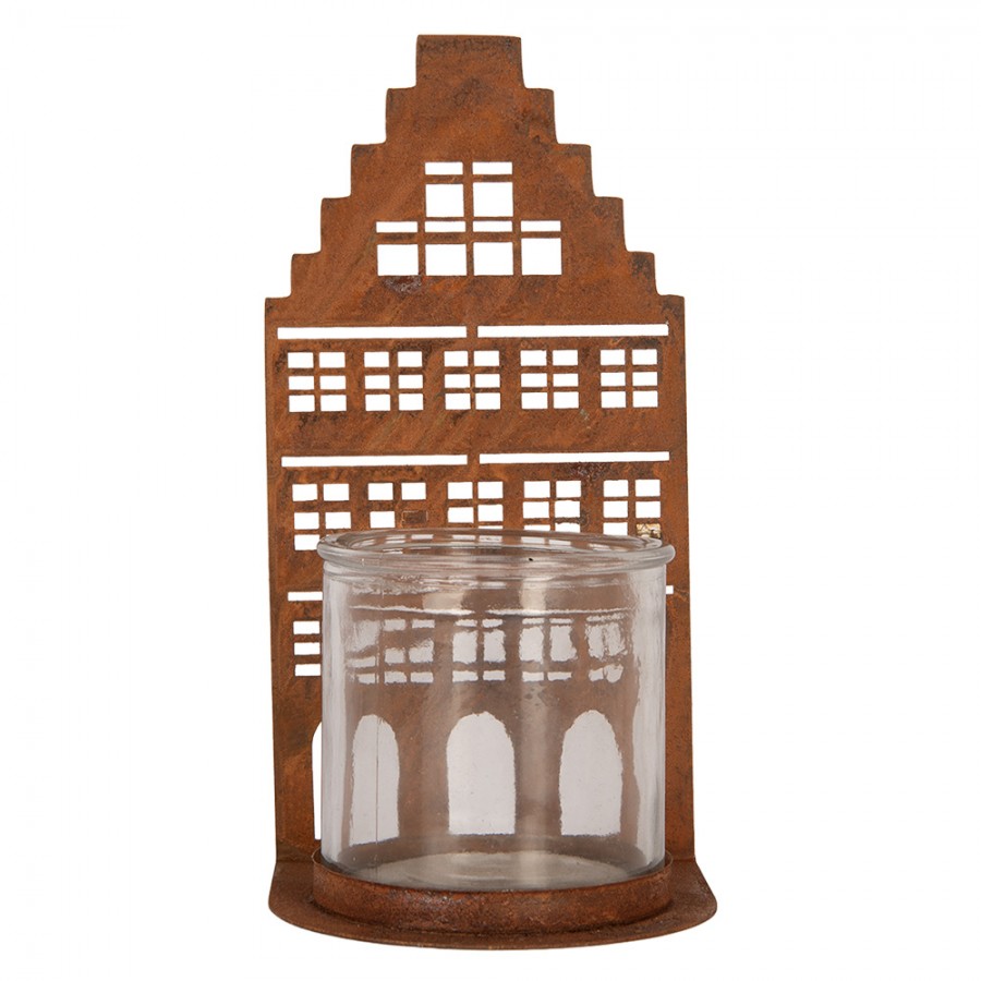 Clayre & Eef Teelichthalter Grachtenhaus Stufengiebel Metall Rost Glaseinsatz Groß 10x10x20 cm (6Y6124)