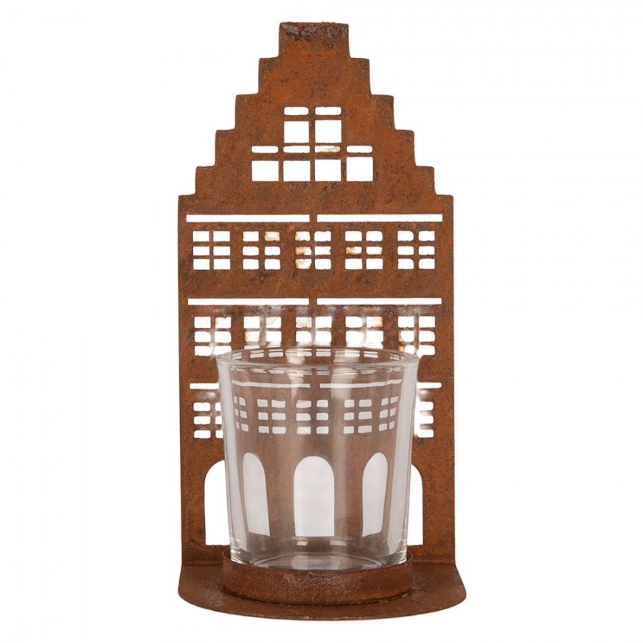 Clayre & Eef Teelichthalter Lichthaus Grachtenhaus Stufengiebel Metall Rost Glaseinsatz 8x8x15 cm (6Y6125)