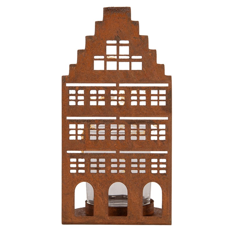 Clayre & Eef Teelichthalter Lichthaus Grachtenhaus Stufengiebel Metall Rost Glaseinsatz 8x8x15 cm (6Y6125)