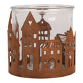Clayre & Eef Teelichthalter Haeusersilhouette Rund Giebelhaeuser Herzfenster Rostoptik Glaszylinder Ø 13x12 cm (6Y6126)