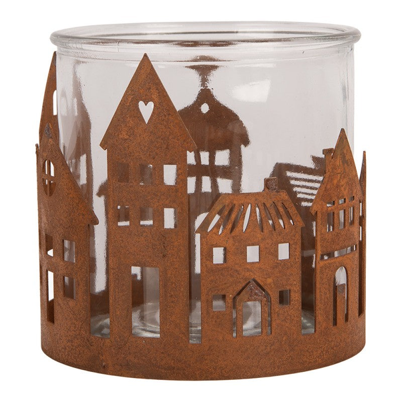 Clayre & Eef Teelichthalter Haeusersilhouette Rund Giebelhaeuser Herzfenster Rostoptik Glaszylinder Ø 13x12 cm (6Y6126)