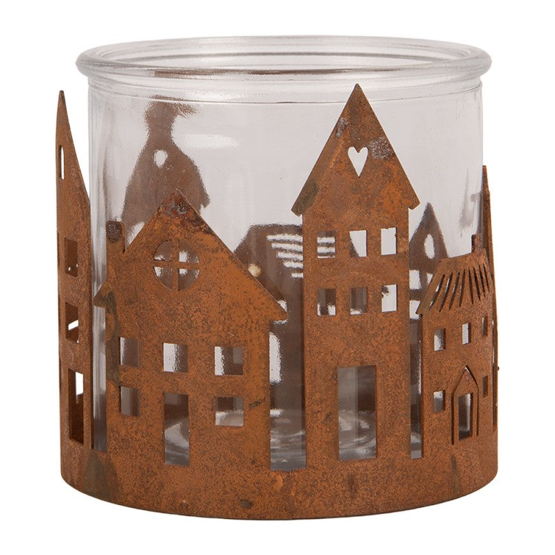 Clayre & Eef Teelichthalter Häuserzeile Dorfsilhouette Metall Rost Klarglaseinsatz Ø 11x10 cm (6Y6127)