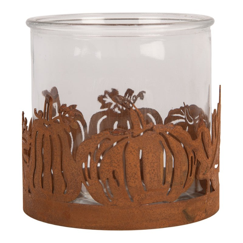 Clayre & Eef Teelichthalter Windlicht Edelrost Kuerbis Silhouette mit Glaseinsatz Ø 16x16 cm (6Y6130)