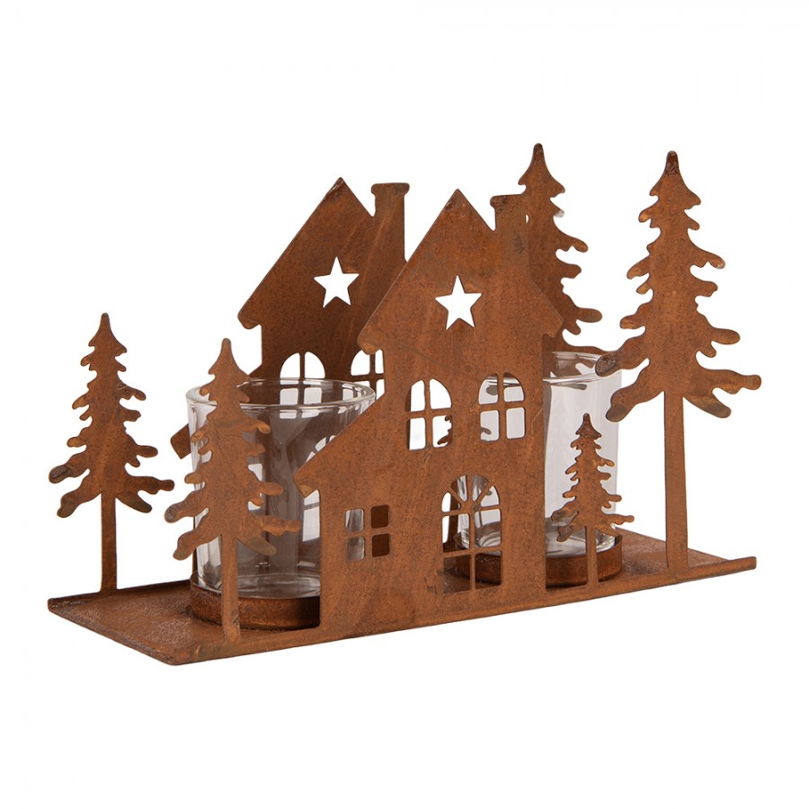 Clayre & Eef Teelichthalter Lichthaus Waldhütte Tannen Rostoptik 2 Glaseinsätze 2-flammig 20x8x12 cm (6Y6132)