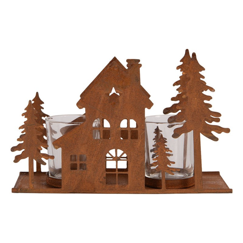 Clayre & Eef Teelichthalter Lichthaus Waldhütte Tannen Rostoptik 2 Glaseinsätze 2-flammig 20x8x12 cm (6Y6132)