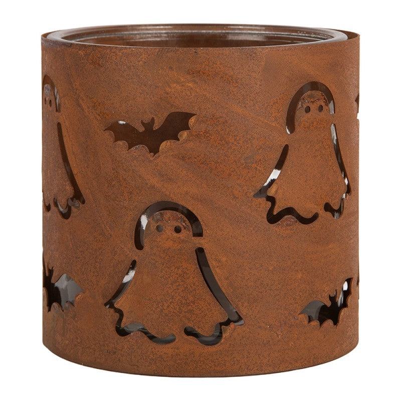 Clayre & Eef Teelichthalter Windlicht Edelrost Halloween Gespenster und Fledermaeuse mit Glaseinsatz Ø 16x15 cm (6Y6158)