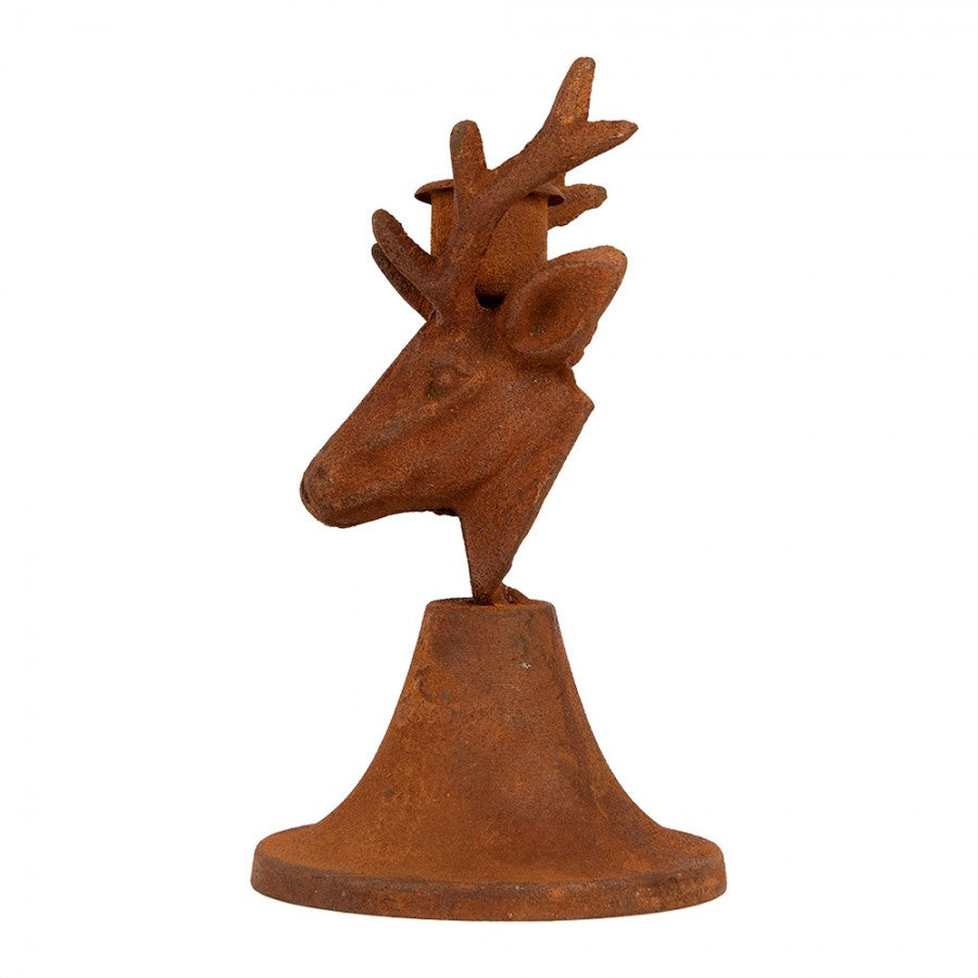 Edelrost-Kerzenständer Hirschkopf auf Glockenfuß Rostbraun 8x8x9 cm Metall von Clayre & Eef (6Y6172)