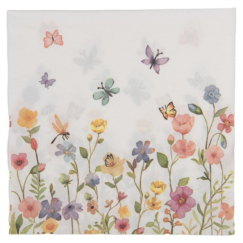 Papierservietten 20er-Set Bunte Sommerwiese Schmetterlinge Weiß 33x33 cm von Clayre & Eef (73114)