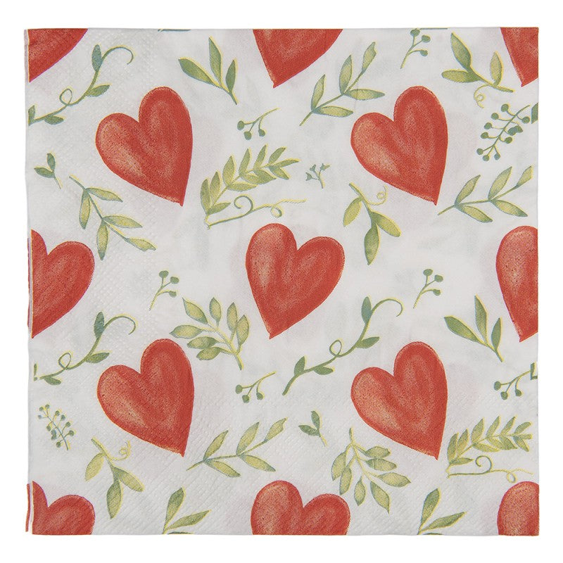 Papierservietten 20er-Set Rote Herzen Blattzweige Weiß 33x33 cm von Clayre & Eef (73117)
