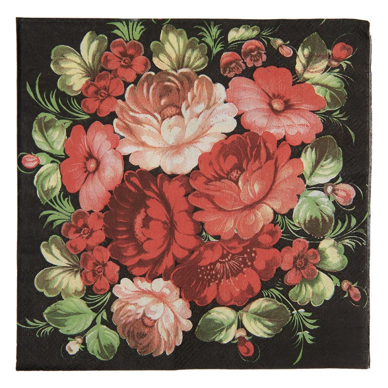 Papierservietten 20er-Set Vintage Blumenstrauß Schwarz-Rot 33x33 cm von Clayre & Eef (73121)