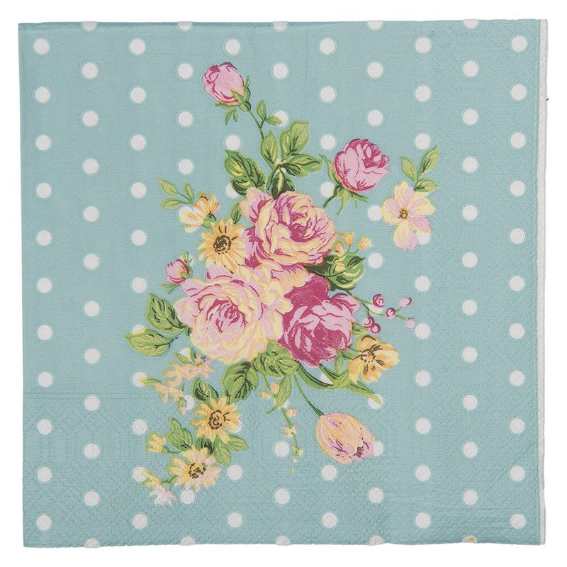 Papierservietten 20er-Set Vintage Rosenstrauß Polka Dots Hellblau 33x33 cm von Clayre & Eef (73125)