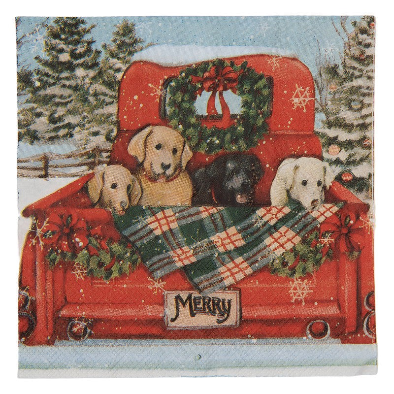 Papierservietten 20er-Set Hunde im roten Pickup Weihnachten 33x33 cm von Clayre & Eef (73126)