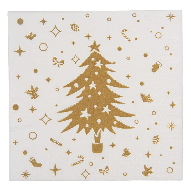 Papierservietten 20er-Set Goldener Weihnachtsbaum Weiß-Gold 33x33 cm von Clayre & Eef (73132)