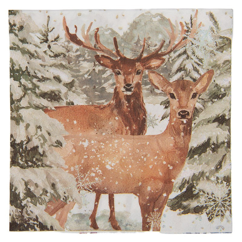 Papierservietten 20er-Set Hirsch & Reh im Winterwald Weiß-Braun 33x33 cm von Clayre & Eef (73133)